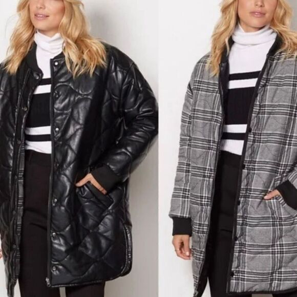 Evereve black quilted reversible oversized faux leather jacket side xs - Picture 1 of 13